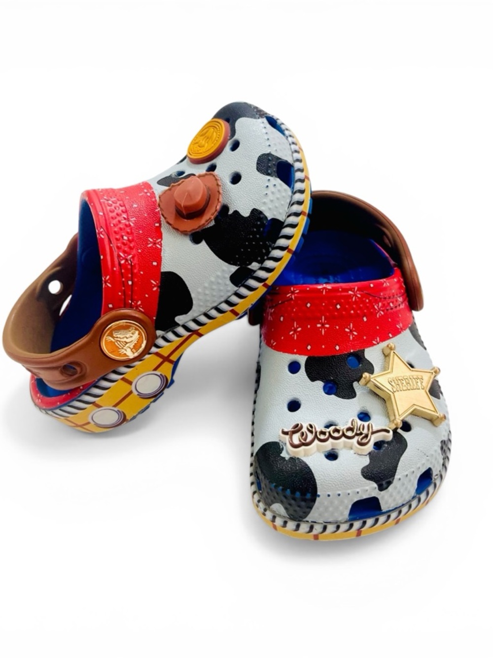 CROCS Kids Cow-Print Clog Sandals with Red Strap and Brown Accents